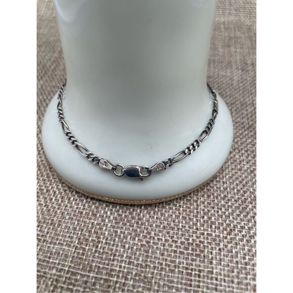 Vintage Sterling Silver 3mm Figaro Chain Link Bracelet, Size 9 Inch, Italy - Picture 2 of 6